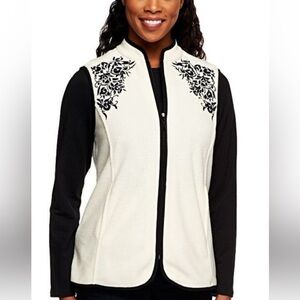 Susan Graver Cream Vest w/ Black Floral Embellishment Sz 1X